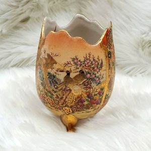 Vintage Satsuma Hand Painted Porcelain Egg Ceramic Floral Bird